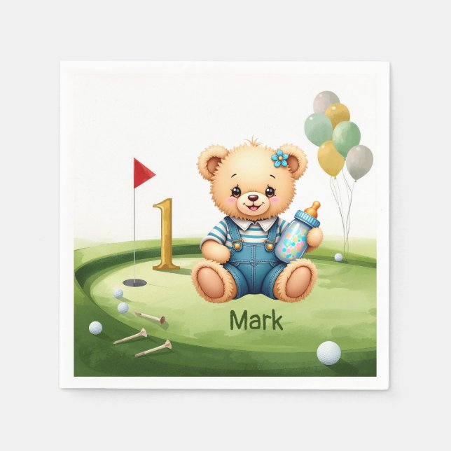 Golf 1-års födelsedag ettårig golfspelare med numm pappersservett (Framsidan)
