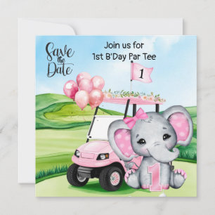 Golf 1st Birthday bjudande - Rosa Golf Cart Spara Datumet