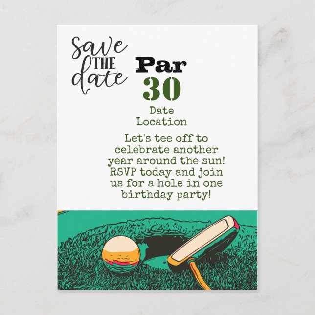Golf 30års födelsedag party spara datumkortet vykort (Framsida)