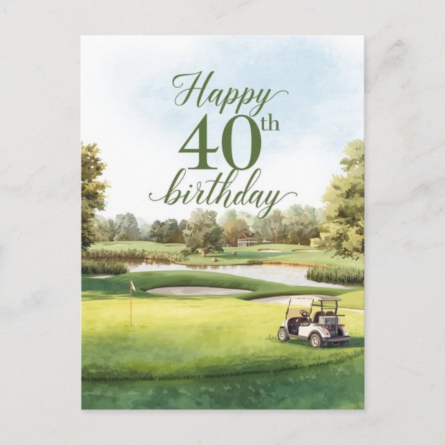 Golf 40-årsdag med golfkärra på grönt vykort (Framsida)