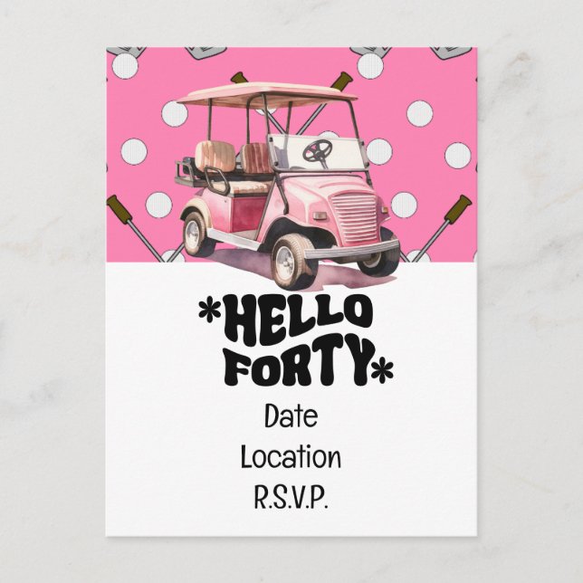 Golf 40-årsdag med rosa vagn kvinnlig golfare vykort (Framsida)