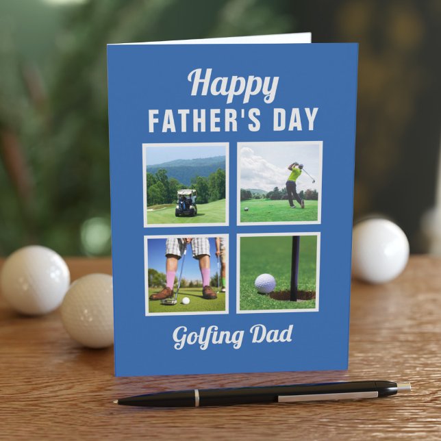 Golf 4 Foto Collage Fars Dag Kort för Golfare (Upload 4 fave photos for your Golfing Dad's Father's Day Card and add a sweet message inside)