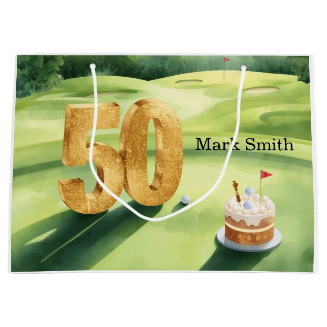 Golf 50-årsdag för golfare med tårta på green (Framsidan)