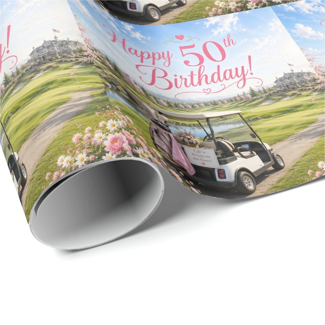 Golf 50-årsfirande för kvinnlig golfare Rosa tema Presentpapper (Rullad Hörn)