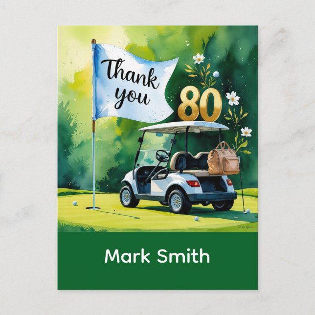 Golf 80-årsfirande med golfbil på grön gräsmatta  vykort (Framsida)