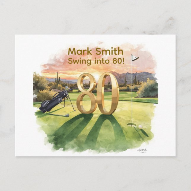 Golf 80-årsfirande med golfkärra på puttinggreen vykort (Framsida)