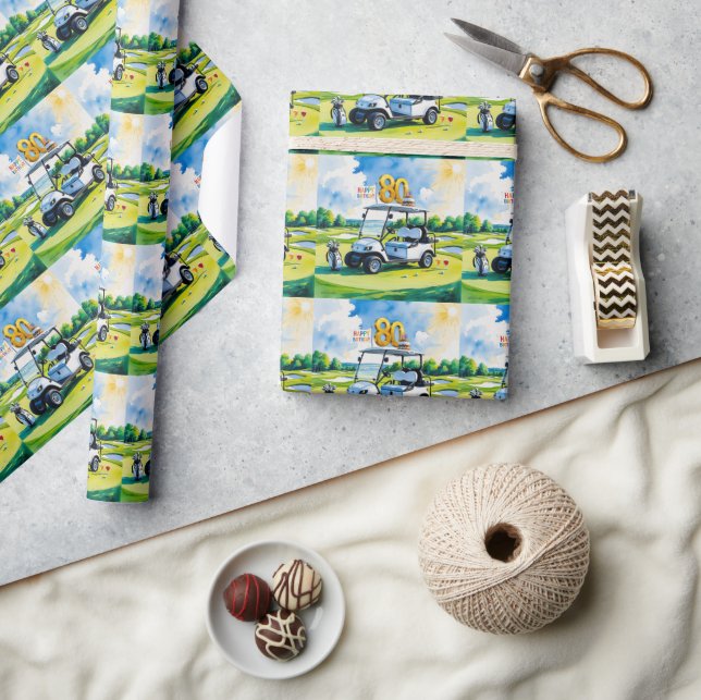 Golf 80:e födelsedagen med golfvagn på grönten presentpapper (Hantverk)