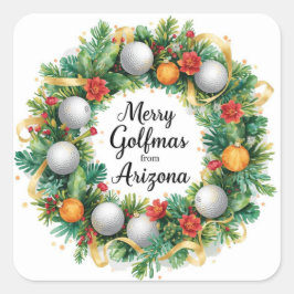 Golf  Arizona Christmas Greeting with Golf Wreath Fyrkantigt Klistermärke