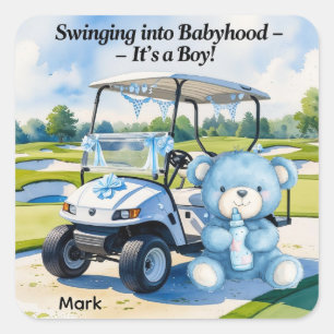 Golf Baby Shower Boy med Nalle Golf Cart Fyrkantigt Klistermärke