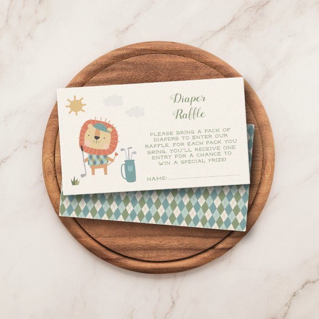 Golf Baby Shower Diaper Raffle Little Putter Tilläggskort (Cute golf-themed diaper raffle cards with lion golfer design with coordinating blue argyle back.)