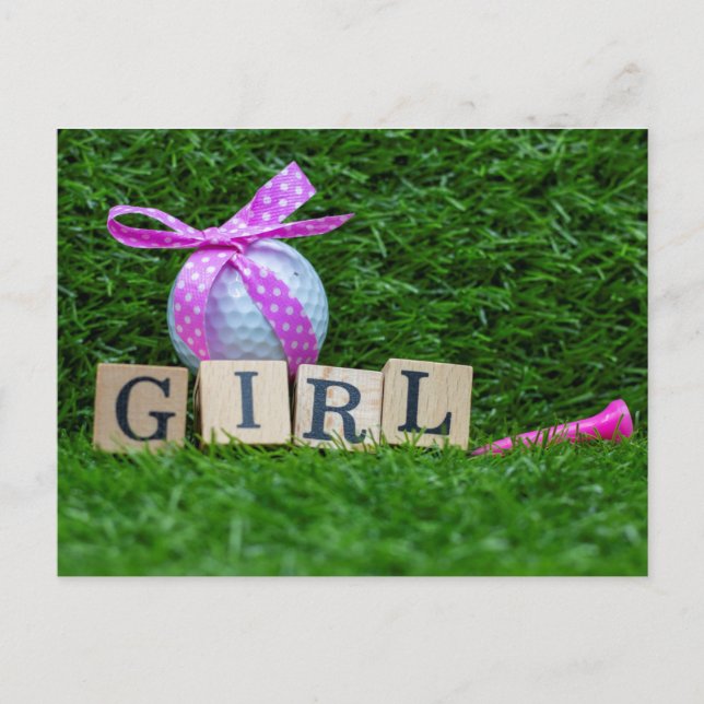 Golf baby shower flicka med rosa band och krona vykort (Framsida)