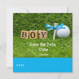 Golf-babyduschpojke med blått band på grönten inbjudningar