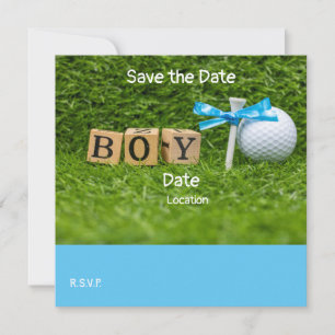 Golf-babyduschpojke med blått band på grönten inbjudningar