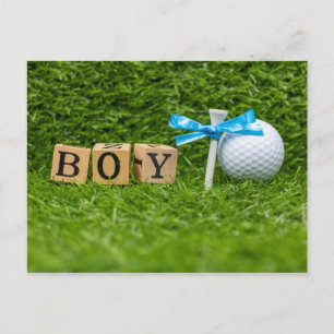Golf-babyduschpojke med blått band på grönten vykort