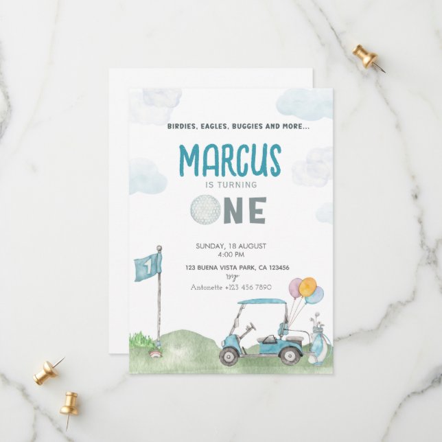 Golf Birthday bjudande Boy Template Golf Course Spara Datumet (Fram/Back In Situ)