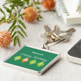 Golf Birthday Grönt Diamond Shapes Fyrkantig Silverfärgad Nyckelring