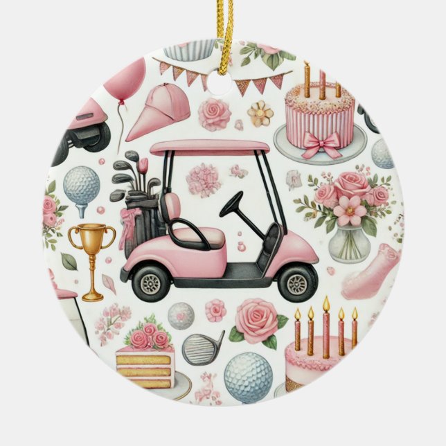 Golf Birthday-Rosa som tema för Dam Golfer Julgransprydnad Keramik (Framsidan)