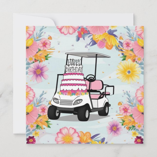 Golf Birthday Thated with golf cart for Golfer Kort (Framsida)