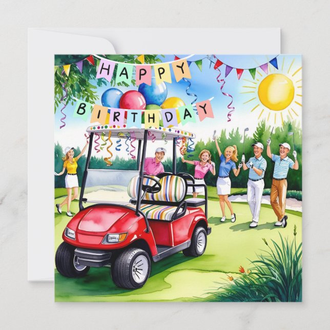 Golf Birthday Théed with golf cart and golfers Kort (Framsida)