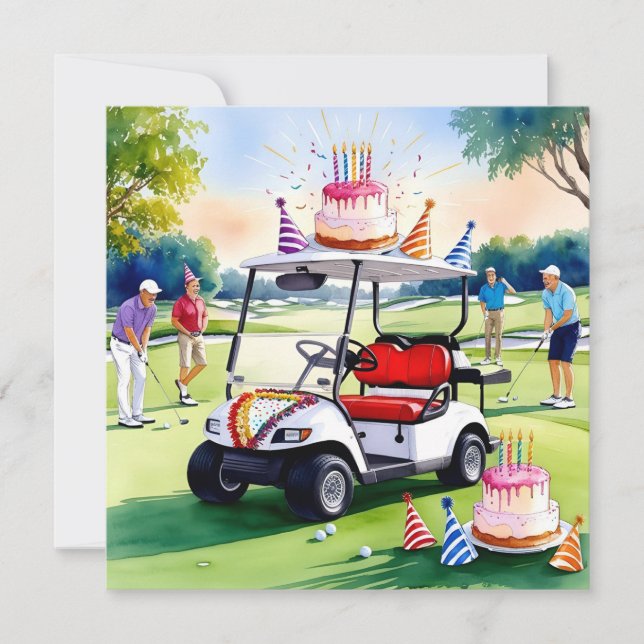 Golf Birthday Théed with golf cart and golfers Kort (Framsida)