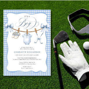 Golf Blå Rutiga Klädtöjssnöre Baby Boy Förfest Inbjudningar