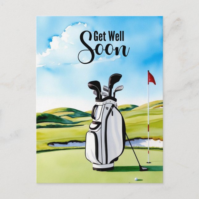 Golf, bli snart frisk med golfväska på puttinggree vykort (Framsida)