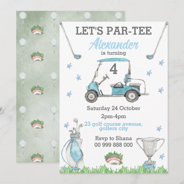 Golf Blue Par-Tee Birthday-inbjudan Inbjudningar (Fram/baksida)