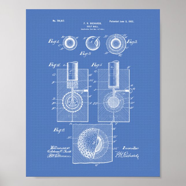 Golf Boll 1902 Patent Art - Blåkopia Poster (Framsidan)