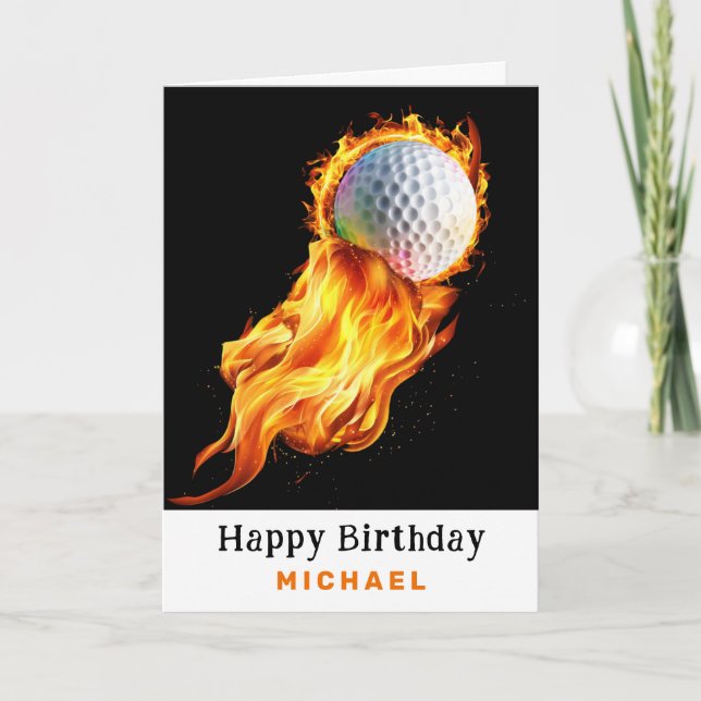 *~* Golf Boll AP94 Fire Flames Birthday Card Tack Kort (Framsida)