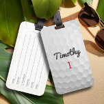 Golf Boll Dimples med Black Namn Red Number Bagagebricka<br><div class="desc">En sportig och manlig mönster för killarna i din familj. Den här sportdesignen är perfekt för alla idrottsmän. Det ser ut som ett foto av golf boll. Du kan använda detta som en Grattis på födelsedagen-tjänst och inkludera antalet år i nummerområdet.</div>