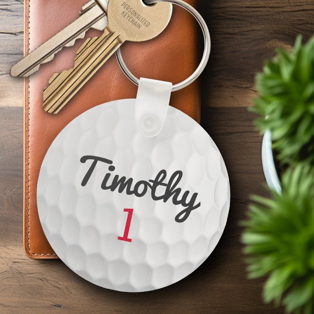 Golf Boll Dimples med Black Namn Red Number Nyckelring (Personalized Keychain - Sports Golf Theme)
