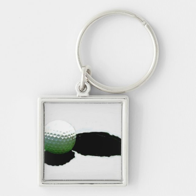 Golf Boll & Hål Fyrkantig Silverfärgad Nyckelring (Framsidan)