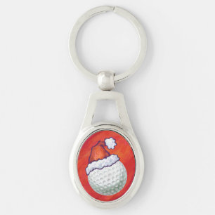 Golf Boll i Santa Hat på Red Ovalt Silverfärgad Nyckelring