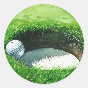 Golf boll innanför hål för hål i ena party runt klistermärke