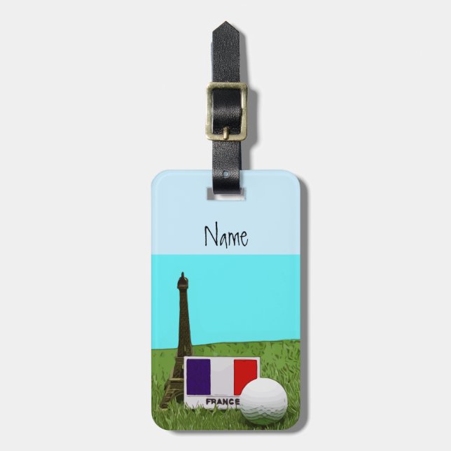 Golf boll med Eiffel Towel med flagga av Frankrike Bagagebricka (Vertikal Framsida)