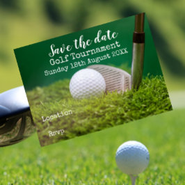 Golf boll med golf-klubb på grönt spara datumet meddelande vykort