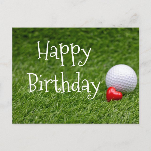Golf boll med hjärta är på grönt gräs vykort (Framsida)