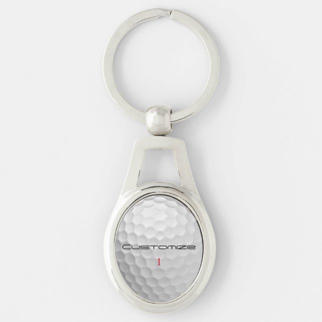 Golf Boll med Personlig Text och nummer Ovalt Silverfärgad Nyckelring (Framsidan)