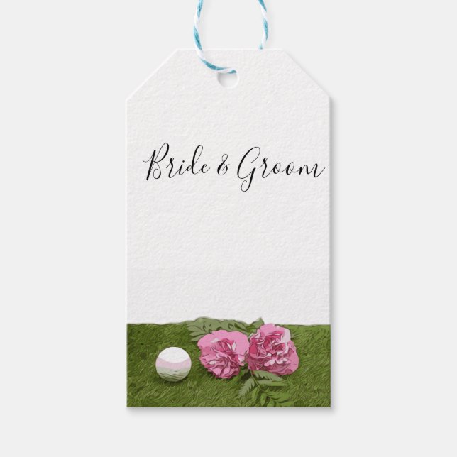 Golf boll med rosa nejlikblomma på grönt presentetikett (Framsidan)