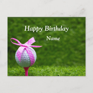 Golf boll med rosa-ribbonerkvinna golffödelsedag vykort