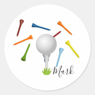Golf boll och färgbeläggning på vitt runt klistermärke