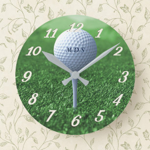 Golf Boll på Grönten Monogrammed Golfer Clock Rund Klocka