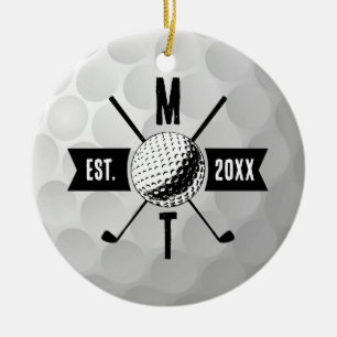 Golf Boll Struktur & Klubb Initial Monogram Julgransprydnad Keramik