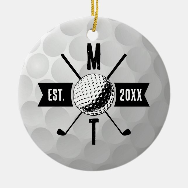 Golf Boll Struktur & Klubb Initial Monogram Julgransprydnad Keramik (Framsidan)