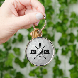 Golf Boll Struktur & Klubb Initial Monogram Rund Silverfärgad Nyckelring