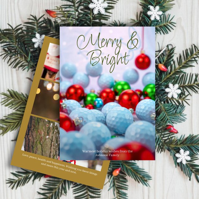 Golf Bollar & Shiny Ornamet ・ Tre foto Guld Julkort (Skapare uppladdad)