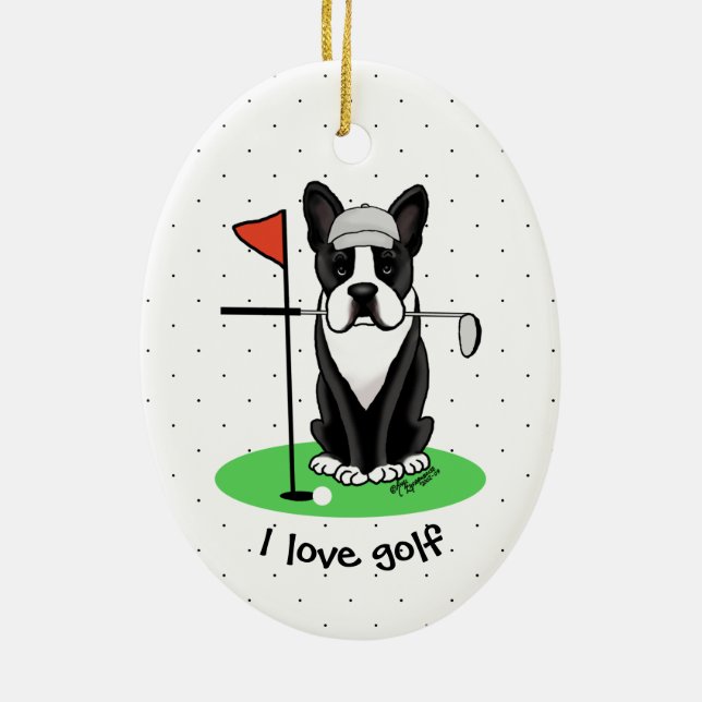 Golf Boston Terrier Hund (svart) Cute Julgransprydnad Keramik (Baksidan)