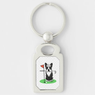 Golf Boston Terrier Hund (svart) Cute Rektangulärt Silverfärgad Nyckelring