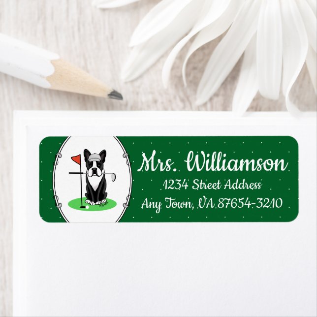 Golf Boston Terrier (svart) Cute Hund Returadress Etikett (Insitu)
