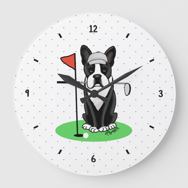 Golf Boston Terrier (svart) Cute-Hund Stor Klocka (Framsida)